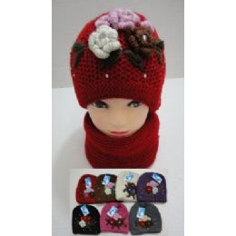 72 Bulk Hand Knitted Fashion Hat & Scarf SeT--5 Flowers And Rhinestones