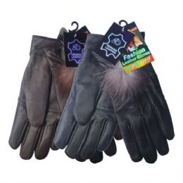 24 Bulk Winter Glove Genuine Leather Women W/ Feather