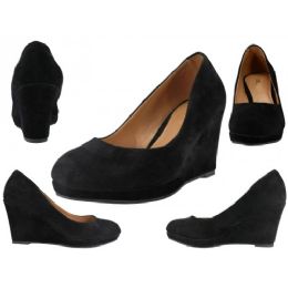 12 Bulk Women's Microsuede Wedge Heel Black Color Only