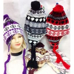60 Bulk Knit Peace Sign Winter Hats With Ear Flaps