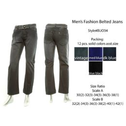 12 Bulk Mens Fashion Belted Jeans