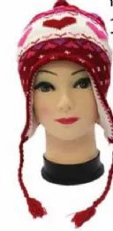 36 Bulk Kids Heart Printed Helmet Winter Hat With Ear Flap And Fleece Lining