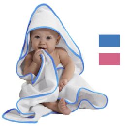 24 Bulk Hooded Terry Cloth Baby Towel Blue Piping