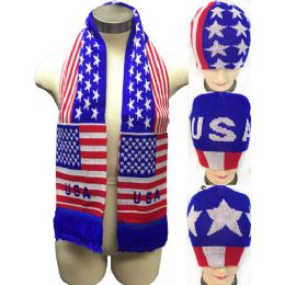 24 Bulk Usa Design Knitted Beanie Hat Scarf Set
