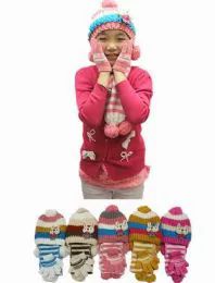 24 Bulk Girls Winter Warm 3 Piece Hat Set Striped Bunny Pattern