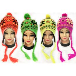 36 Bulk Neon Knit Winter Hats Pompom Hats With Ear Flaps