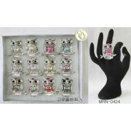 120 Bulk Rhinestone Owl On A Branch Ring Assorted Colors