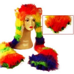 24 Bulk Neon Faux Fur Hats W/attached Hand Muffs