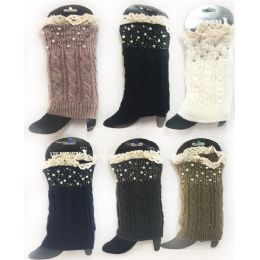 12 Bulk Wholesale Knitted Rhinestone Boot Topper With Crochet Top Assorte