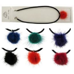 60 Bulk Black Woven Cloth Cord With Assorted Color Dyed Fur Pendant Necklace