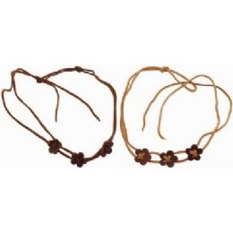 36 Bulk Necklace Assorted Tan Brown Leather Strips With Assorted Tan Brown Florets