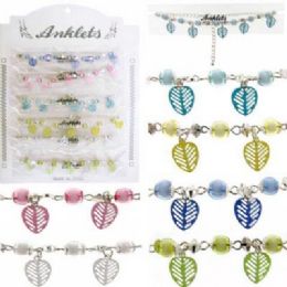 72 Bulk SilveR-Tone Chain With Assorted Color Beads And Assorted Color Leaf Shaped Dangles