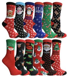 12 Bulk Yacht & Smith Women's Assorted Colored Prints Warm & Cozy Christmas Holiday Socks