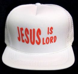 48 Bulk Youth Mesh Back Printed Hat "jesus Is Lord" Assorted Colors