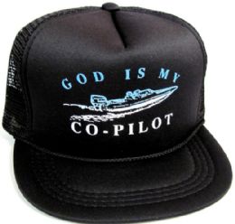 48 Bulk Youth Mesh Back Printed Hat, "god Is My CO-Pilot", Assorted Colors