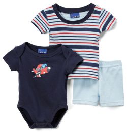 24 Bulk Newborn Boy's Shorts, T-Shirt & Onesie Set - Plane Prints - Sizes 3-12m
