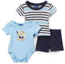 24 Bulk Newborn Boy's Shorts, T-Shirt & Onesie Set - Bear Prints - Sizes 3-12m
