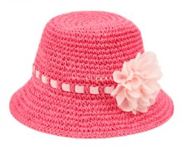 24 Bulk Kids Paper Straw Bucket Hats With Ribbon Band And Flower