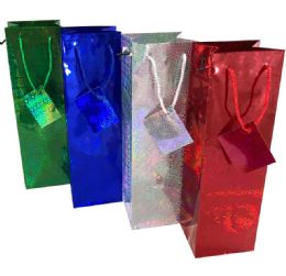 72 Bulk Party Solutions Gift Bag 4 X 3.5 X 13 Holographic Wine Bottle Assorted Colors