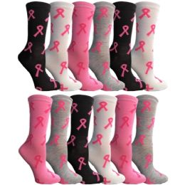 12 Bulk Yacht & Smith Women's Assorted Colored Breast Cancer Awareness Crew Socks Size 9-11
