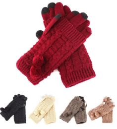 36 Bulk Woman's Heavy Knit Winter Gloves With Pom Pom