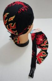 72 Bulk Skull Caps Motorcycle Hats Fabric Red Flame Print