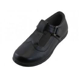 24 Bulk Big Girl's Pu Upper T -Strap  Touch Closure Mary Jane Black School Shoes In Black