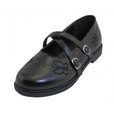 24 Bulk Big Girls Butterfly Embroidery X -Strap Black Mary Jane School Shoes In Black