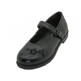 24 Bulk Big Girl's Pu Upper With Embroidery Flower On Top Black Mary Jane School Shoes In Black