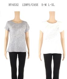 24 Bulk Womens Summer Feather Printed Tee