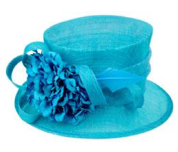 12 Bulk Sinamay Fascinator With Flower And Feather Trim In Turquoise