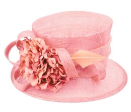 12 Bulk Sinamay Fascinator With Flower And Feather Trim In Pink