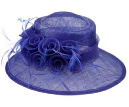 12 Bulk Sinamay Fascinator With Flower And Feather Trim In Royal