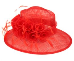12 Bulk Sinamay Fascinator With Flower And Feather Trim In Red