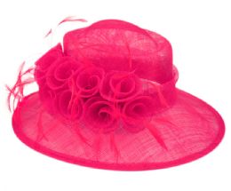 12 Bulk Sinamay Fascinator With Flower And Feather Trim In Hot Pink