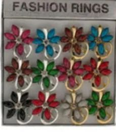 36 Bulk Silver Tone And Gold Tone Rings With Assorted Colored Stones In A Flower Pattern
