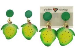 144 Bulk Strawberry Dangle Earrings With Drop Accents Green And Yellow