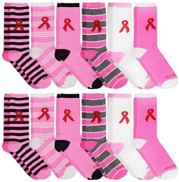 12 Bulk Yacht & Smith Women's Pink Ribbon Breast Cancer Awareness Crew Socks