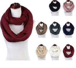 24 Bulk Women's Acrylic Winter Scarf Crochet Knit Tube Scarf Assorted Color