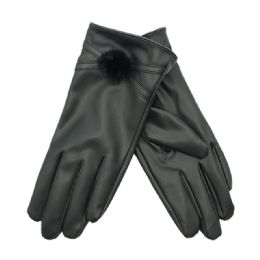 36 Bulk Women's Faux Leather Glove With Pom Pom