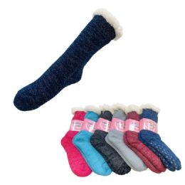 48 Bulk PlusH-Lined Non Slip Sherpa Socks [solid] 9-11