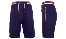 24 Bulk Men's Fleece Lounge Sweat Shorts With Zipper Pockets & Trim Tech Design Solid Navy