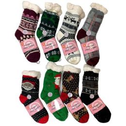 24 Bulk PlusH-Lined Non Slip Sherpa Socks Holiday Assortment