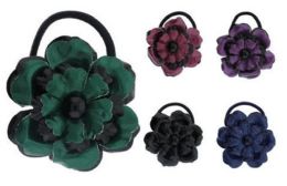 96 Bulk Childrens Pony Tail Holders With Assorted Color Vinyl Flower