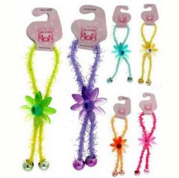 96 Bulk Childrens Assorted Flower With Crystal Beads On A Pony Tail Holder