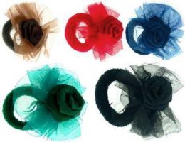 96 Bulk Childrens Assorted Color Net Rose On A Pony Tail Holder