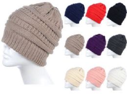 36 Bulk Womens High Messy Bun Beanie Hat With Ponytail Hole, Winter Warm Trendy Knit Ski Skull Cap Assorted Color