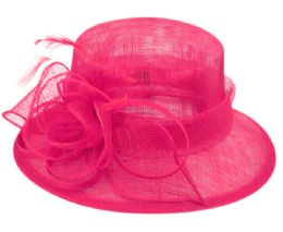 12 Bulk Sinamay Fascinator With Flower & Feather Trim In Hot Pink