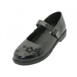 24 Bulk Youth Embroidery Flower On Top Black Mary Jane School Shoes In Black