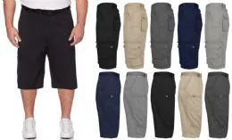 36 Bulk Men's Belted Cotton Cargo Pocket Shorts Extended Sizes 44-50 In Black 